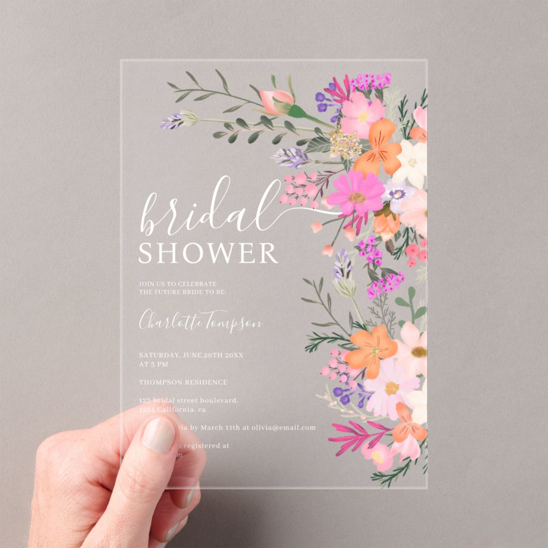 Romantic pastel wild flowers spring bridal shower                    acrylic invitations