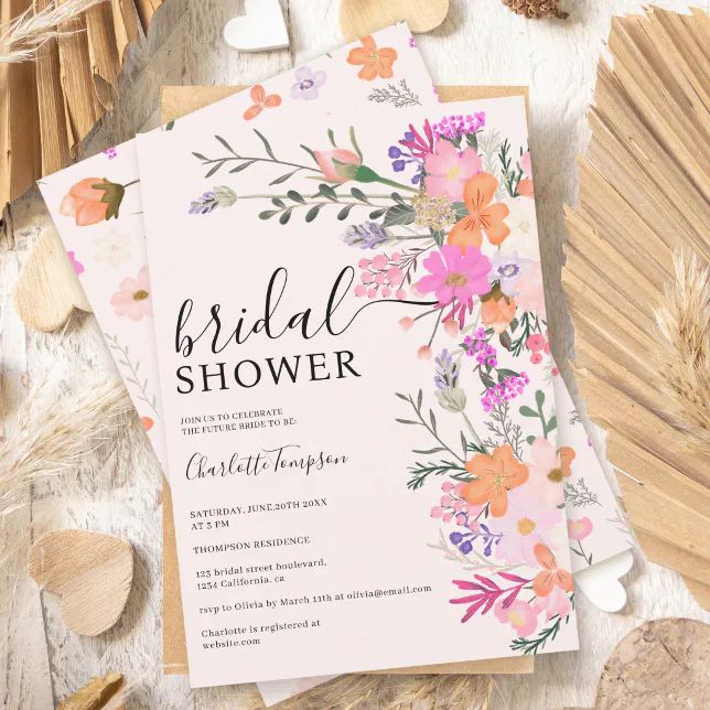 Romantic pastel wild flowers spring bridal shower invitation | Zazzle