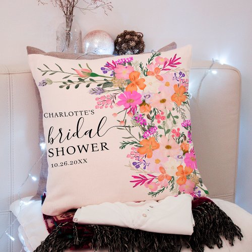 Romantic pastel wild flowers spring bridal shower throw pillow