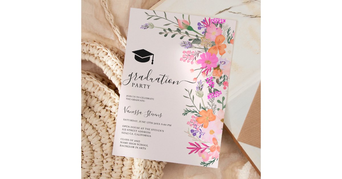 Romantic pastel wild flowers spring graduation invitation | Zazzle