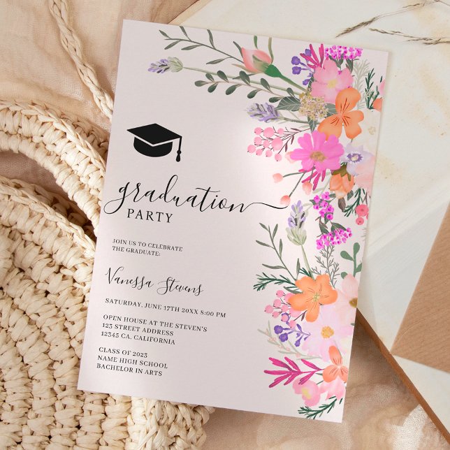 Romantic pastel wild flowers spring graduation invitation (Gold glitter floral watercolor photo graduation)