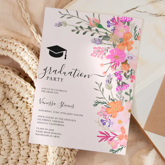 Romantic pastel wild flowers spring graduation invitation | Zazzle