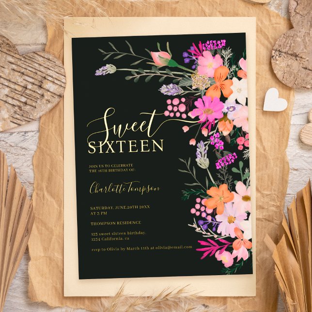 Romantic pastel wild flowers spring sweet 16  foil invitation