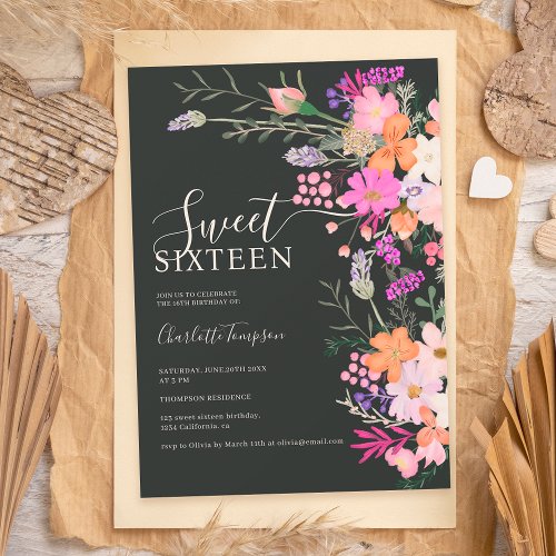 Romantic pastel wild flowers spring sweet 16  invitation