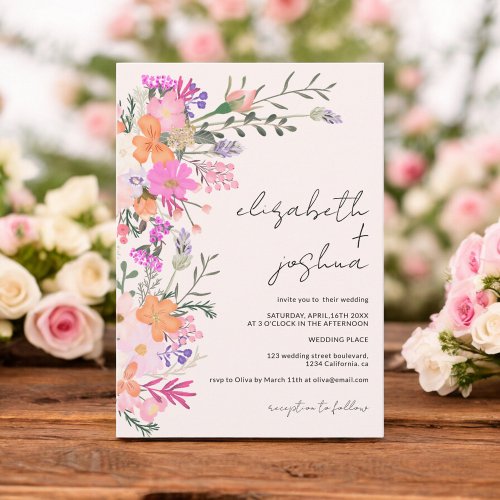 Romantic pastel wild flowers spring wedding invitation