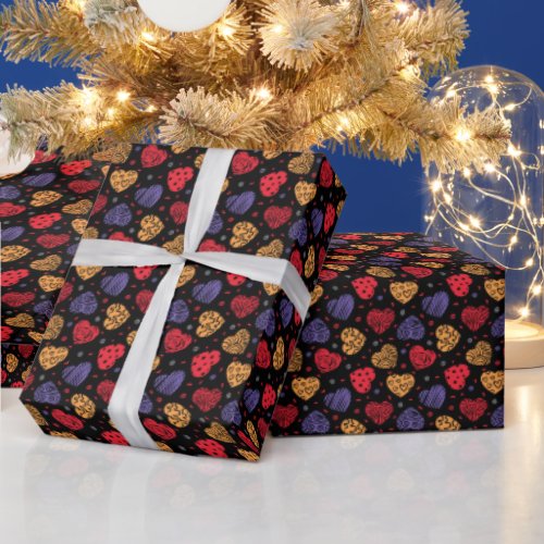 Romantic Pattern Of Colorful Hearts On Dark Wrapping Paper