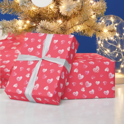 Romantic Pattern Of White Hearts On Coral Red Wrapping Paper