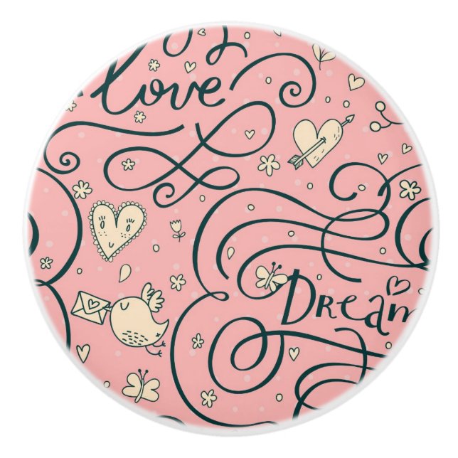 Romantic Pattern with Hearts and Birds Ceramic Knob (Front)