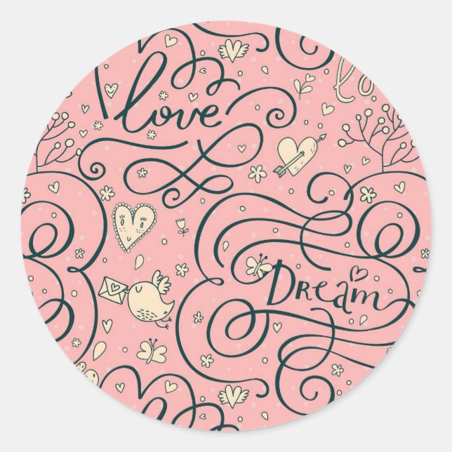 Romantic Pattern with Hearts and Birds Classic Round Sticker (Front)