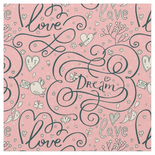 Romantic Pattern with Hearts and Birds Fabric