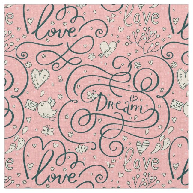 Romantic Pattern with Hearts and Birds Fabric (Close Up)