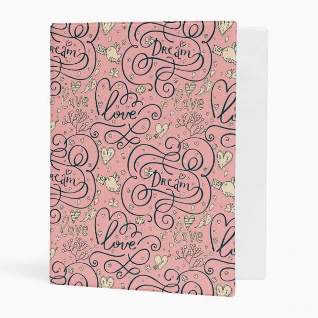 Romantic Pattern with Hearts and Birds Mini Binder (Front/Inside)