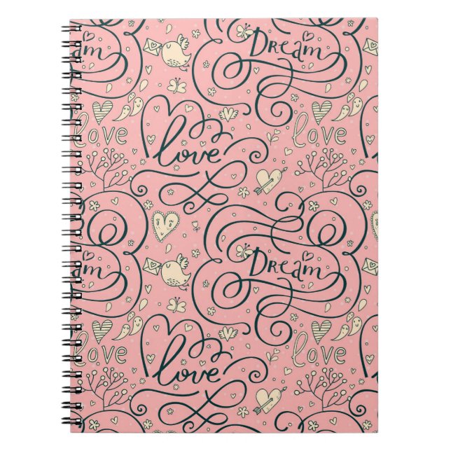 Romantic Pattern with Hearts and Birds Notebook (Front)