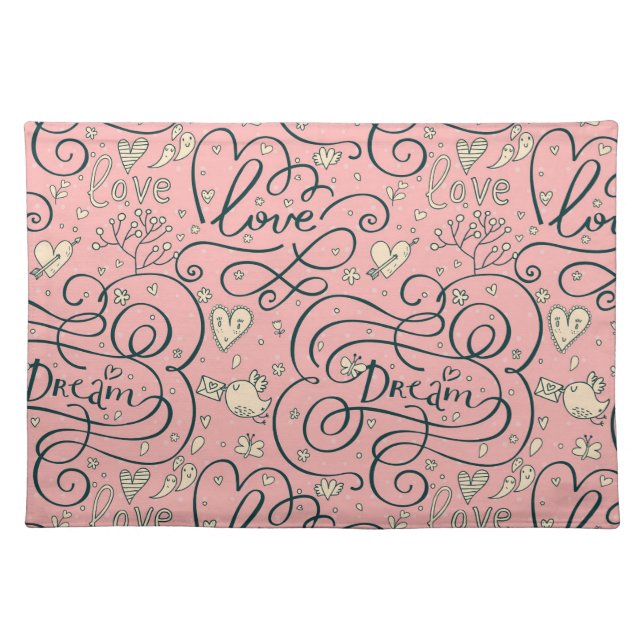 Romantic Pattern with Hearts and Birds Placemat (Front)