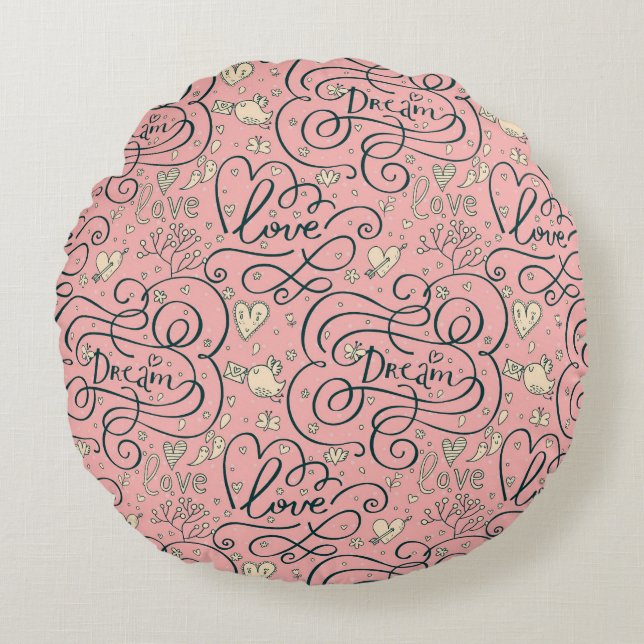 Romantic Pattern with Hearts and Birds Round Pillow (Front)