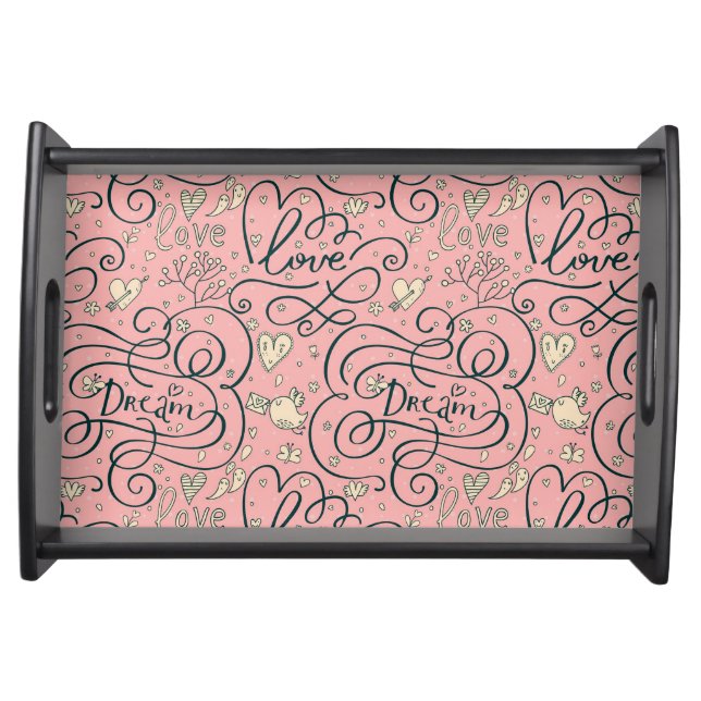 Romantic Pattern with Hearts and Birds Serving Tray (Front)