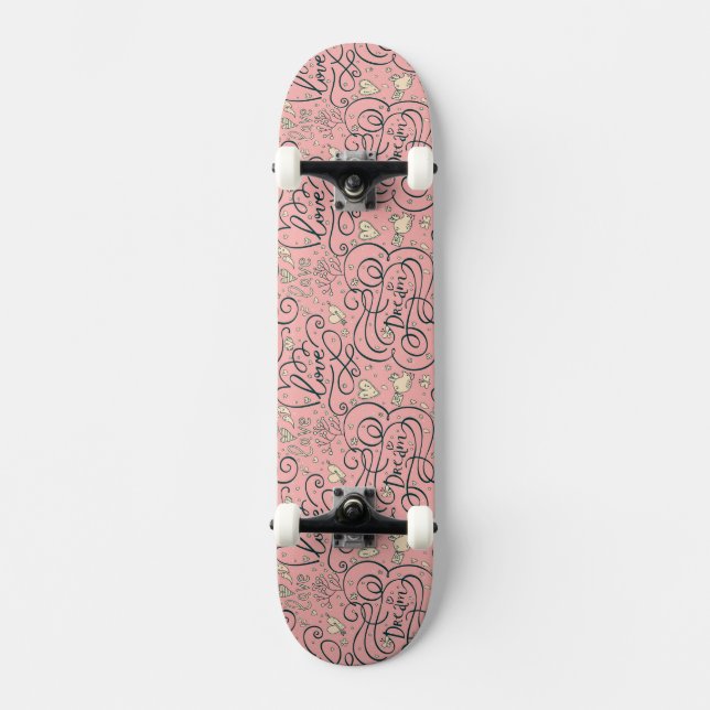 Romantic Pattern with Hearts and Birds Skateboard Deck (Front)