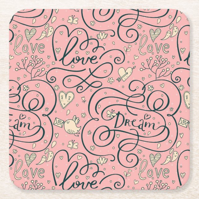 Romantic Pattern with Hearts and Birds Square Paper Coaster (Front)
