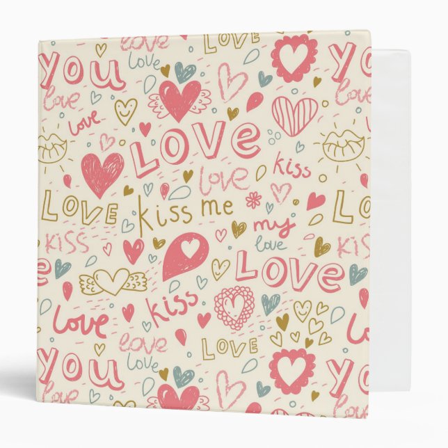 Romantic Pattern with Hearts and Lips 3 Ring Binder (Front/Inside)