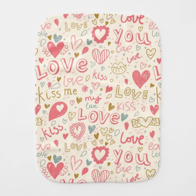 Romantic Pattern with Hearts and Lips Burp Cloth (Front)