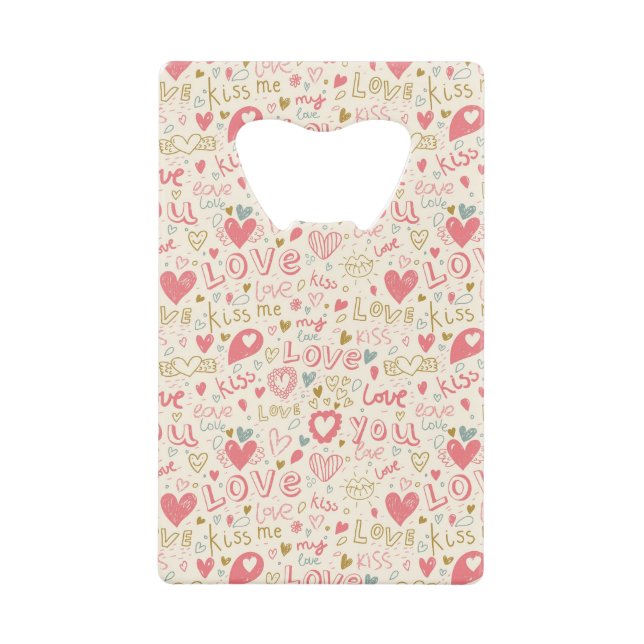 Romantic Pattern with Hearts and Lips Credit Card Bottle Opener (Front)