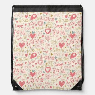 Romantic Pattern with Hearts and Lips Drawstring Bag