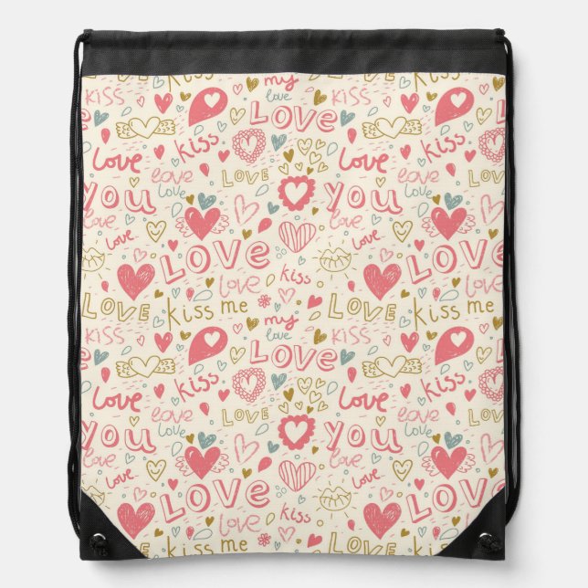 Romantic Pattern with Hearts and Lips Drawstring Bag (Front)