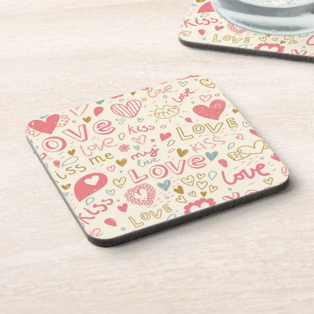 Romantic Pattern with Hearts and Lips Drink Coaster (Left Side)