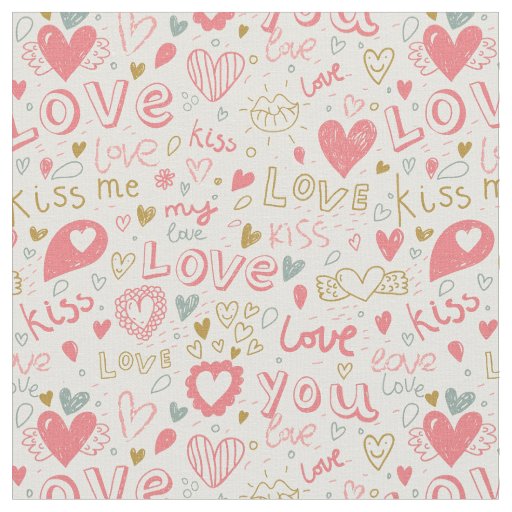 Romantic Pattern with Hearts and Lips Fabric