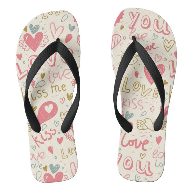 Romantic Pattern with Hearts and Lips Flip Flops (Footbed)