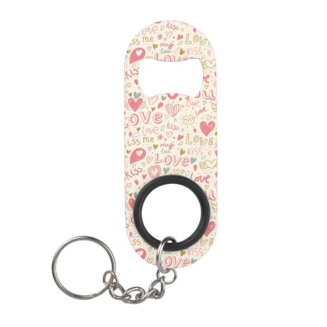 Romantic Pattern with Hearts and Lips Keychain Bottle Opener (Front)