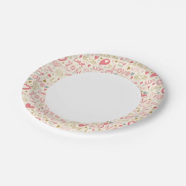 Romantic Pattern with Hearts and Lips Paper Plates (Angled)