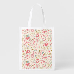 Romantic Pattern with Hearts and Lips Reusable Grocery Bag
