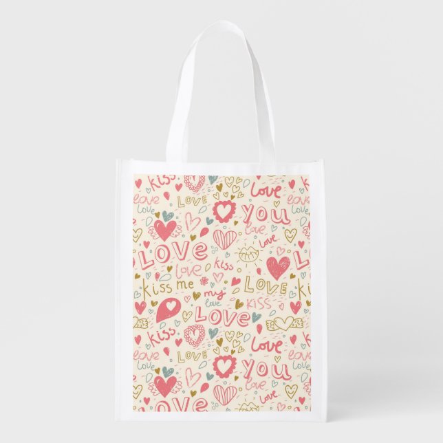 Romantic Pattern with Hearts and Lips Reusable Grocery Bag (Front)