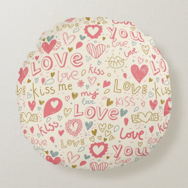 Romantic Pattern with Hearts and Lips Round Pillow (Front)