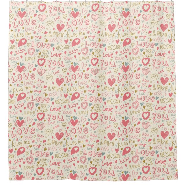Romantic Pattern with Hearts and Lips Shower Curtain (Front)