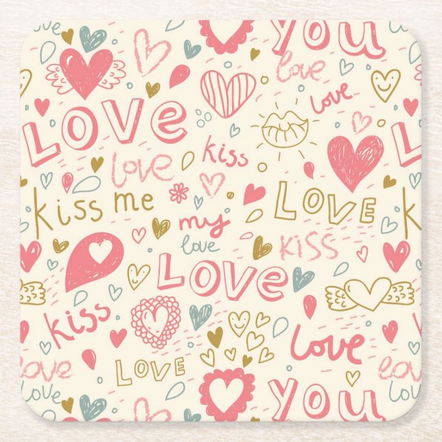 Romantic Pattern with Hearts and Lips Square Paper Coaster (Front)