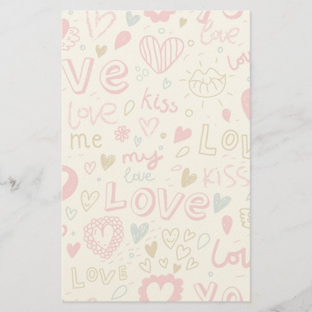 Romantic Pattern with Hearts and Lips Stationery (Front)