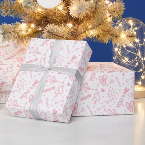 Romantic Pattern You And Me Pale Pink On White Wrapping Paper