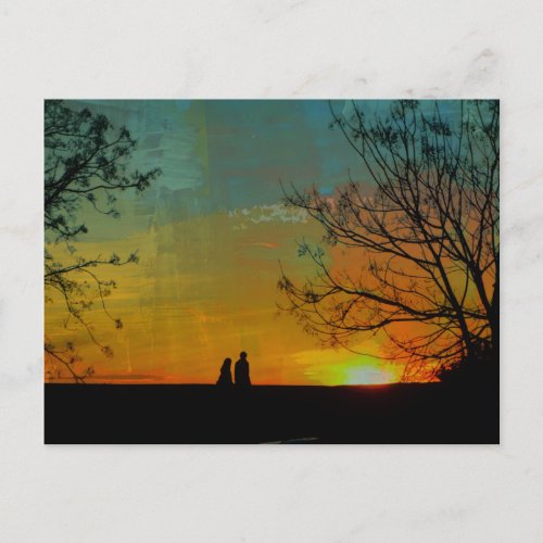 romantic peaceful sunset couple painting postcard