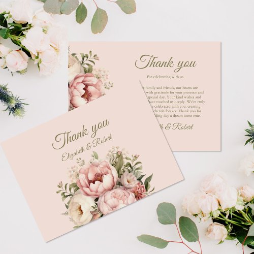 Romantic Peach and Blush Pink Floral Wedding Thank You Card
