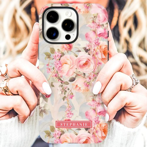 Romantic Peach And Pink Floral Name Iphone 16 Pro Max Case