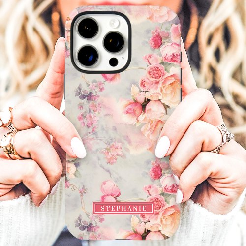 Romantic Peach And Pink Name Floral Iphone 16 Pro Max Case