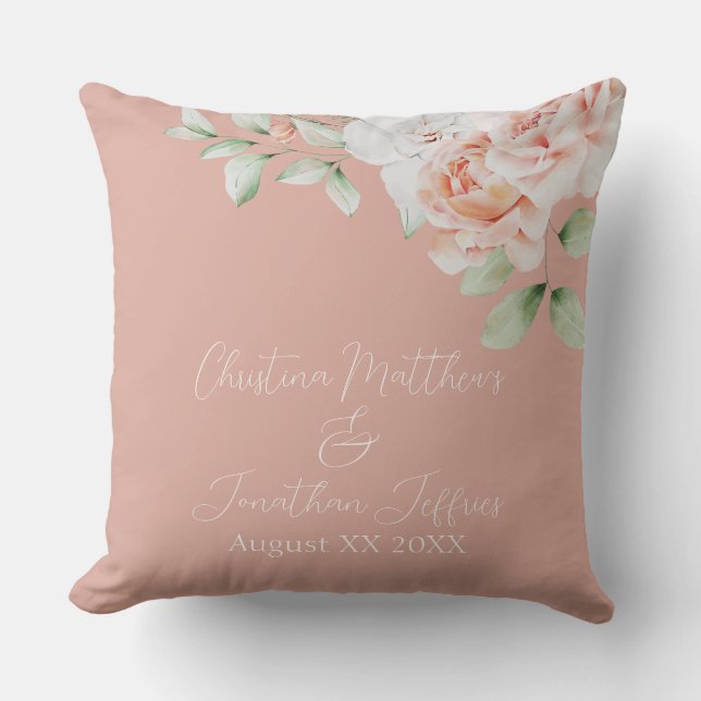 Romantic Peach and White Flowers Wedding Keepsake Throw Pillow (Front)