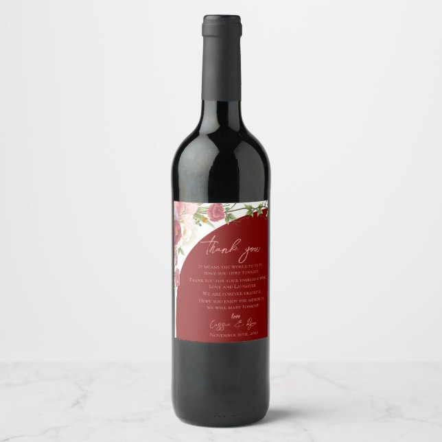 Romantic Peach Floral Arch Wedding Thank You Wine Label (Front)
