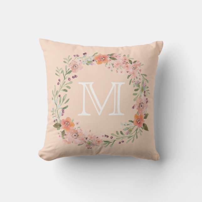 Romantic Peach Floral Monogram Throw Pillow (Front)