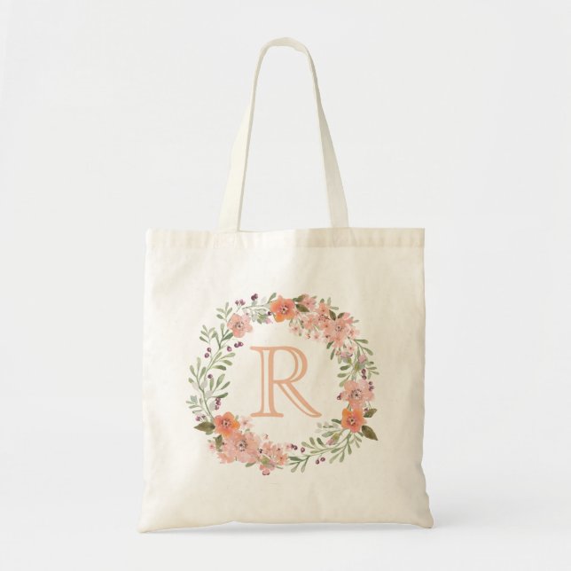Romantic Peach Floral Monogram Tote Bag (Front)