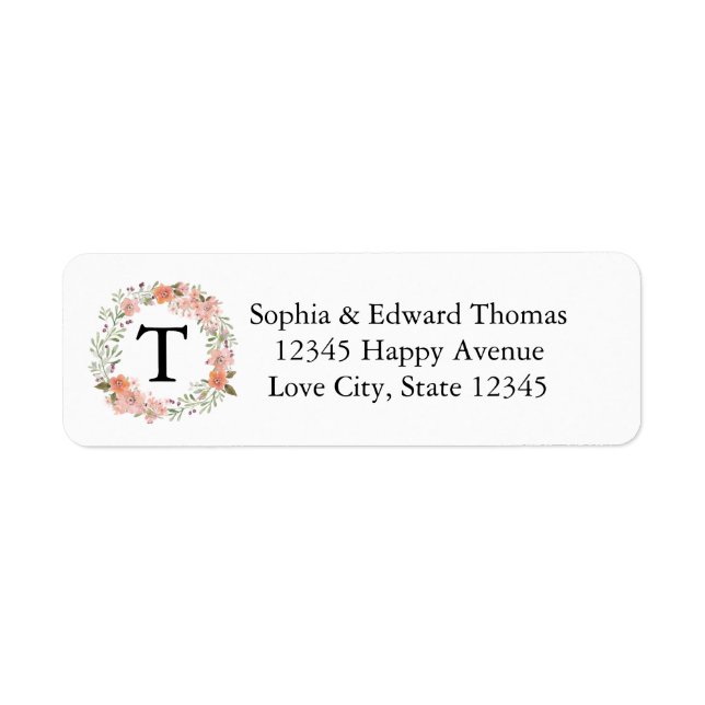 Romantic Peach Floral Monogram Wedding Label (Front)