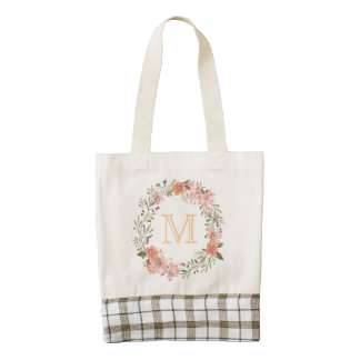 Romantic Peach Floral Monogram Zazzle HEART Tote Bag
