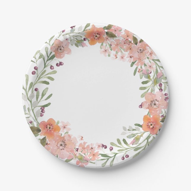 Romantic Peach Floral Paper Plates (Front)